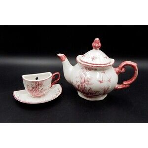 Aux au Provence Red & White Toile Rooster Teapot Teacup Wall Pockets Decor